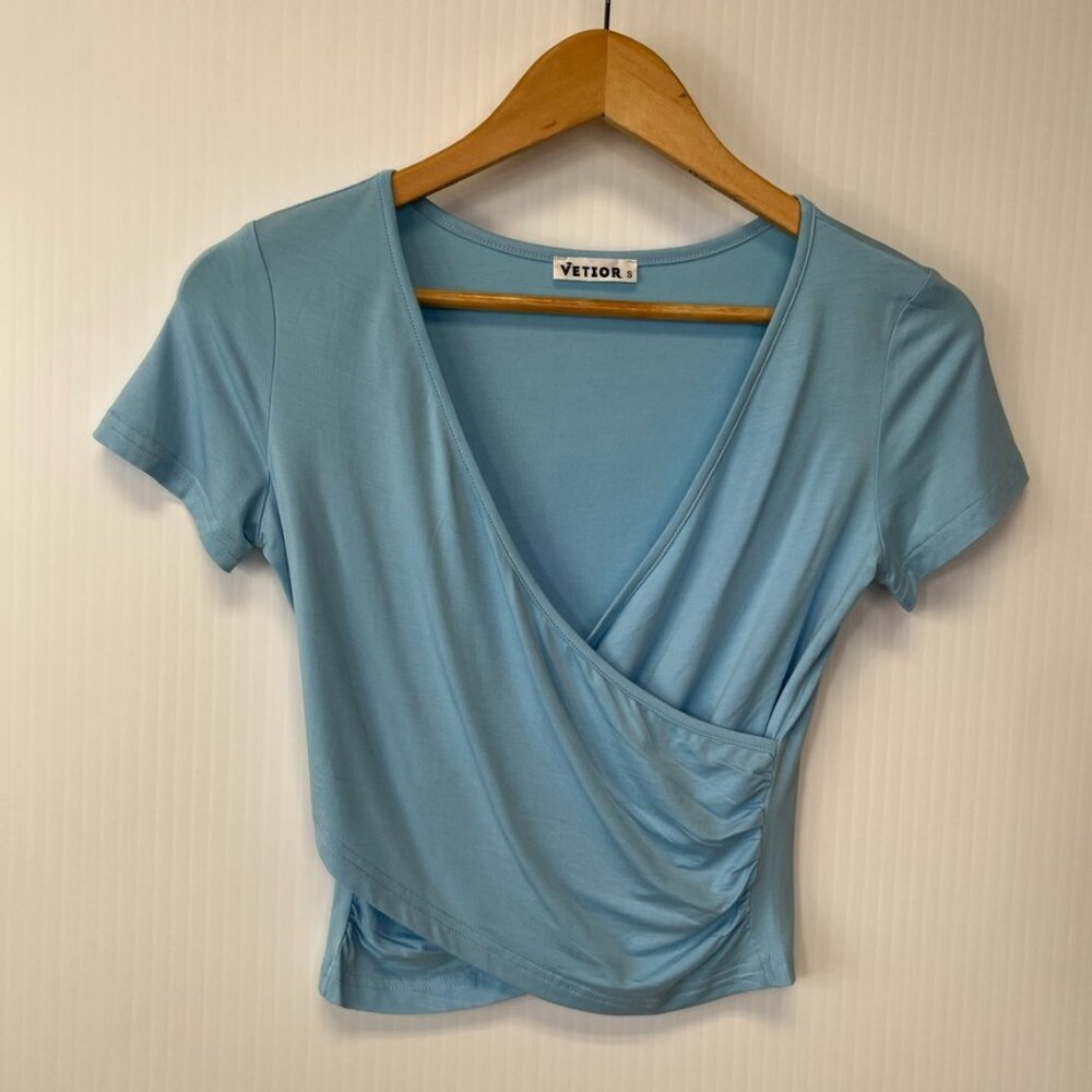 Vetior Blouse Women Small Modal Faux Wrap Stretch Crop Shirt Work Party Core Ne